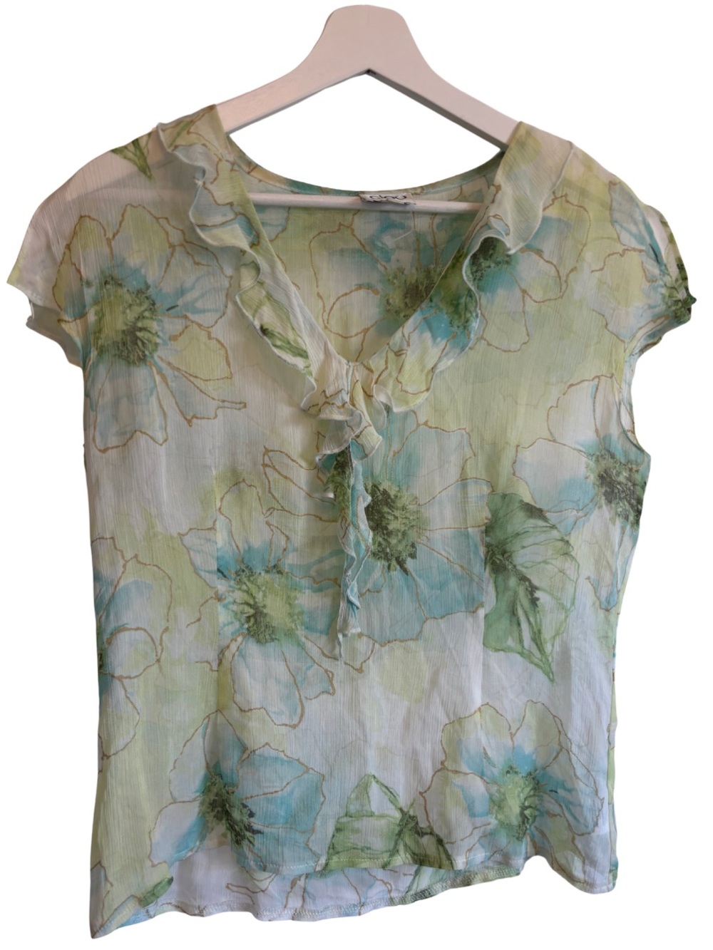 Cleo Floral Ruffle V-Neck Blouse - Sheer Light Blue & Green